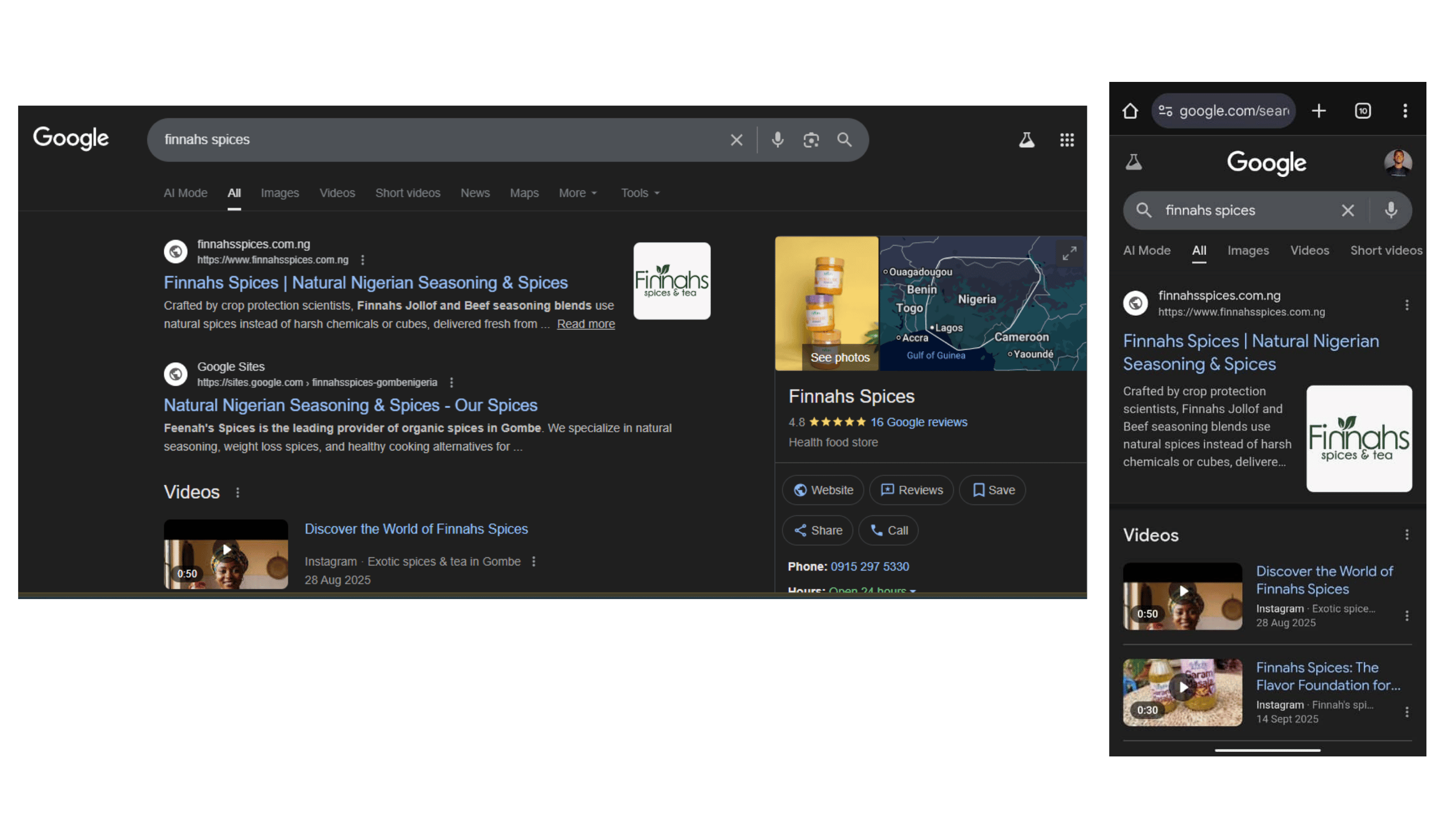 Finnahs Spices ranked 1 on google